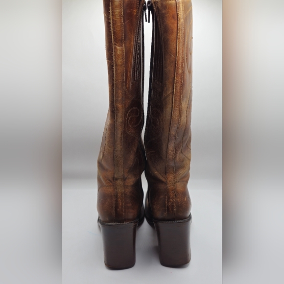 FRYE Vintage Retro Swirl Stitching Tall Chunky High Heel Brown Leather Boots - Picture 4 of 9